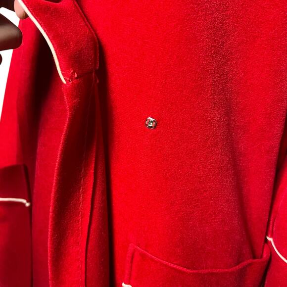 Vintage Red Velour Bathrobe with White Piping Classic Wrap Style Robe Small - Picture 5 of 13